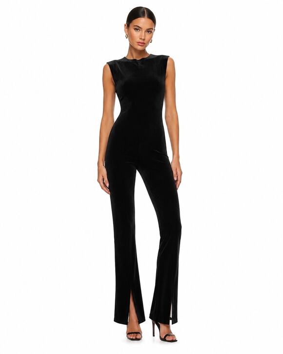Norma Kamali Pants - Norma Kamali Crushed Velvet Split Hem Sleeveless Cat Suit Jumpsuit